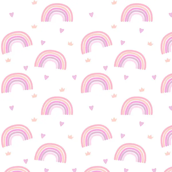 Gökkuşağı, kalp ve tacı olan kusursuz desenler. Kumaş, duvar kağıdı, giysi, kundak, giysi, planlayıcı, çıkartma. Vektör çizimi için el çizimi deseni..