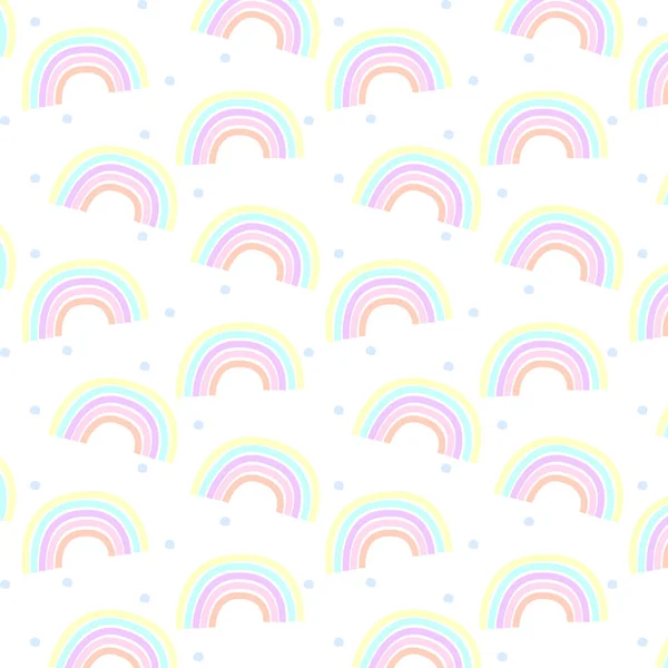 Kusursuz Gökkuşağı ve Noktalar Deseni Tasarımı, el çizimi sevimli, sevimli çağdaş arkaplan ve çocuklar ve bebekler için baskı bez tasarımı, tasarım duvar sanatı, çocuk ürünleri ve oda dekorasyonu. Vektör illüstrasyonu.