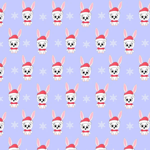 圣诞无缝图案 兔子头戴圣诞帽 礼物包装纸 装饰品的紫色背景 — 图库矢量图片