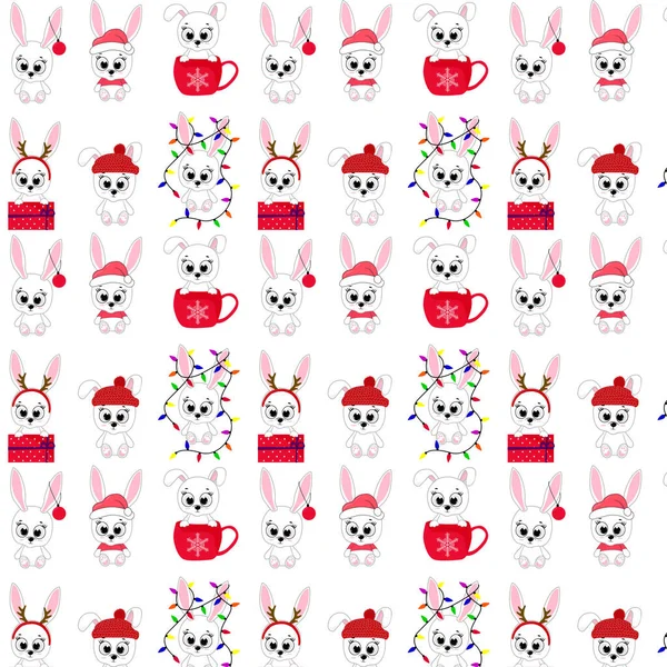 无缝隙圣诞图案与可爱的圣诞兔子 儿童包装纸或纺织品印花用冬季墙纸 — 图库矢量图片
