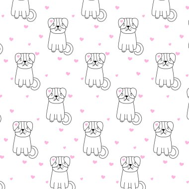 Patern.Collection of funny dog with pink hearts in cartoon style. Cute pet in daily routine, isolated on white background. Vector illustration.