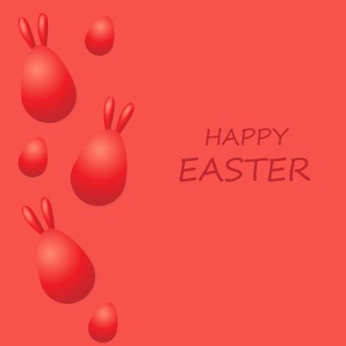 Realistic red egg with bunny ears card on red background. Text Happy easter. Holiday decoration for easter holiday. 3D illustration.