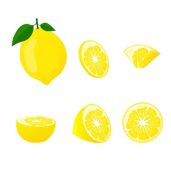 Seperangkat Lemon Dengan Daun Hijau Utuh Dan Diiris Untuk Jus - Stok Vektor