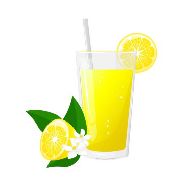 Bir bardak limon suyu ve bir dilim limon. Doğal taze sıkılmış meyve suyu. Sağlıklı beslenme. Web sitesi tasarım konsepti, reklamcılık, kafe, menü. Vektör illüstrasyonu.