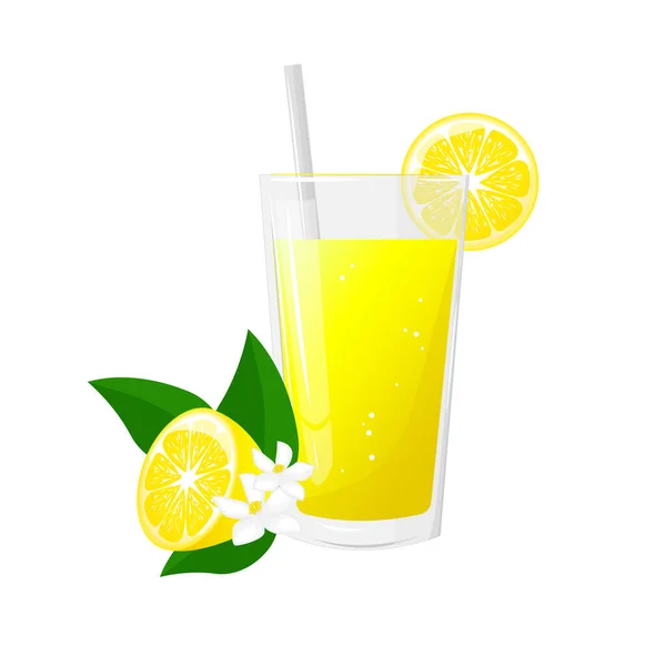 Segelas Jus Lemon Dan Sepotong Lemon Jus Segar Alami Diperas - Stok Vektor