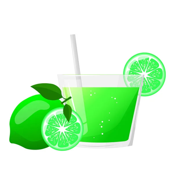 Ett Glas Limejuice Lime Och Skiva Lime Naturlig Färskpressad Juice — Stock vektor