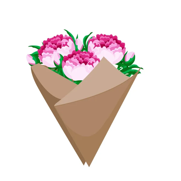 Ramo Flores Peonías Paquete Papel Regalo Floral Para Una Celebración — Vector de stock