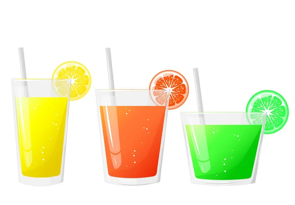 Set Glasses Lemon Lime Orange Juice Sliced Natural Fresh Squeezed — Stock Vector