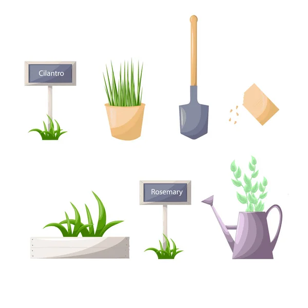 园艺和农具铲 浇水罐 种植盆栽 在白色背景上孤立的矢量剪贴画 — 图库矢量图片