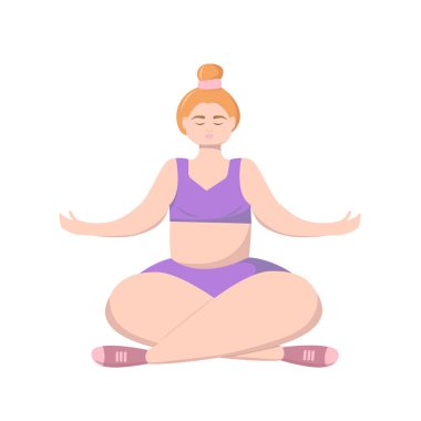 Lotus pozisyonunda yoga yapan mutlu ve boyunda bir kız. Rahatla meditasyon. Vücut pozitifliği teması. Kişisel zaman kavramı çizimi.
