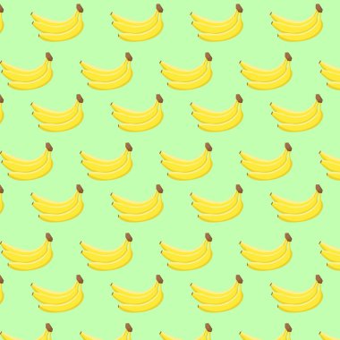 Yeşil arka planda sarı muzların kusursuz vektör deseni. Paket kağıdı, hediye kartı, poster, afiş tasarımı, ev dekorasyonu, modern tekstil baskısı için. Vektör illüstrasyonu.