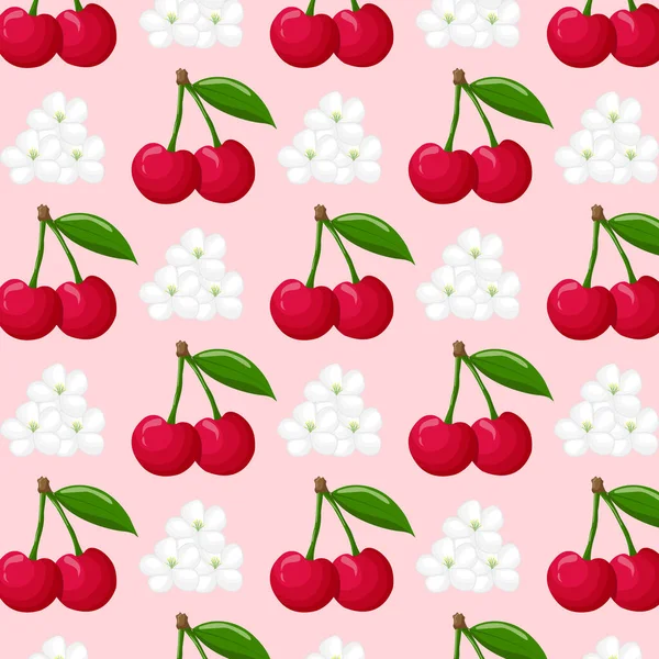チェリーベリーとチェリーの束 桜の花のシームレスなパターン ラベル メニュー ポスター またはパッケージデザインの場合 ベクターイラスト — ストックベクタ