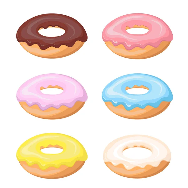 Kleurrijke Geglazuurde Donut Ingesteld Witte Achtergrond Stel Zoete Verjaardagsgebak Zoetwaren — Stockvector