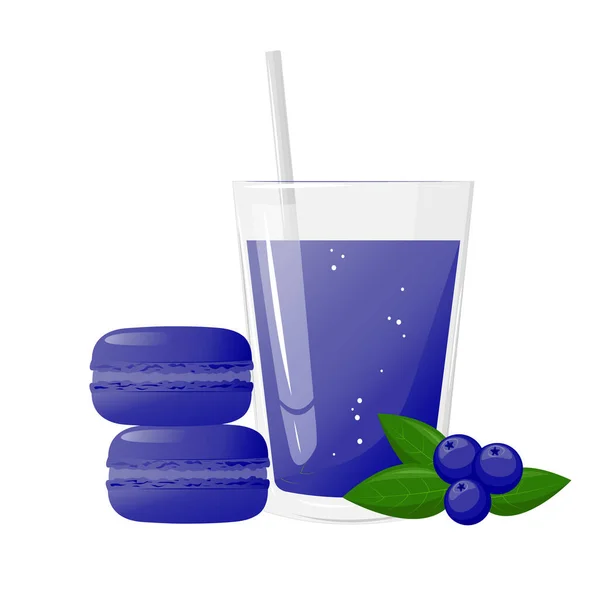 Blaue Macarons Mit Blaubeeren Und Einem Glas Beerensaft Oder Limonade — Stockvektor