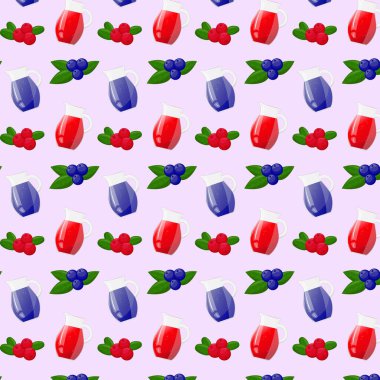 Kusursuz desenli limonata sürahisi ve yabanmersinli ya da kızılcıklı. Tazeleyici içecek. Taze ürün tasarımı, meyve suyu, konserve yiyecek, kafe menüsü, poster için. Düz vektör illüstrasyon tasarımı.