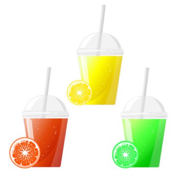 Plastik bardakları narenciye suyuyla doldur. Taze ürün, meyve suyu, konserve yiyecek ve kafe için menü tasarımı için vektör illüstrasyonu.