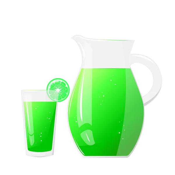 Limonadensaftkrug Und Glas Mit Limettenfrüchten Erfrischendes Getränk Für Die Gestaltung — Stockvektor
