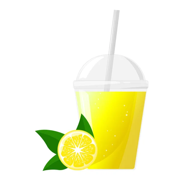 Gelber Frischer Zitronensaft Plastikglas Zitrussaft Durchsichtigen Plastikbecher Vektorillustration Für Die — Stockvektor