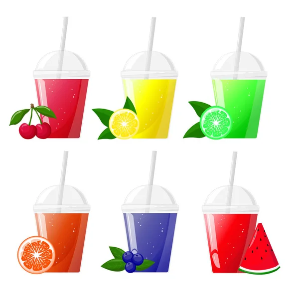 Set Kunststoffglas Mit Verschiedenen Saft Fruchtsaft Durchsichtigen Plastikbecher Vektorillustration Für — Stockvektor