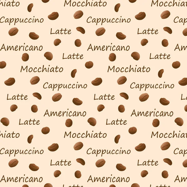 Texto Padrão Sem Costura Americano Cappuccino Macchiato Latte Com Grãos — Vetor de Stock