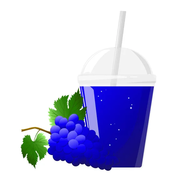 Plastikglas Mit Traubensaft Und Trauben Aus Blauen Trauben Auf Weißem — Stockvektor