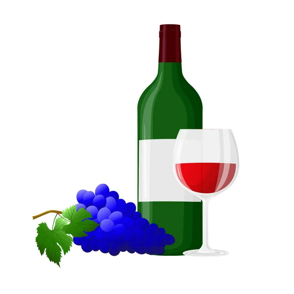 Weinflasche Glas Traubenzweig Mit Blättern Für Weinkarte Speisekarte Flyer Party — Stockvektor