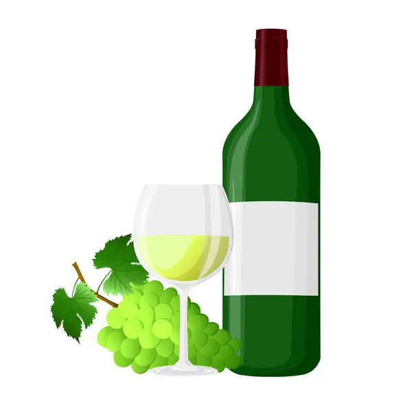 Weißweinflasche Glas Traubenzweig Mit Blättern Für Weinkarte Speisekarte Flyer Party — Stockvektor