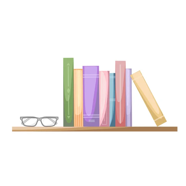 Bookshelf Colored Books Glasses Concept Learning Book Fair Reading Club — Stock Vector