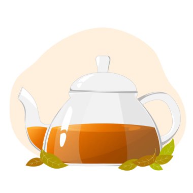 Çay yapraklı cam çaydanlık. Şeffaf cam çaydanlık. Kaynar su için cam çaydanlık, evde çay seremonisi için sofra takımı. Sağlıklı içki konsepti.