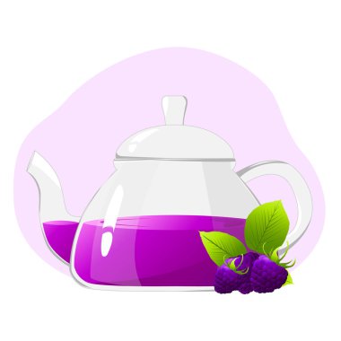 Bitki çaydanlıklı cam çaydanlık. Yasemin çaydanlıklı cam çaydanlık. Sağlıklı içki kavramı. Kafeler, reklamlar, afişler için vektör illüstrasyonu