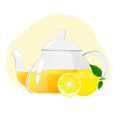 Narenciye çaydanlığı, şeffaf cam çaydanlık ve limon çayı. Sağlıklı içki kavramı. Kafeler, reklamlar, afişler için vektör illüstrasyonu.
