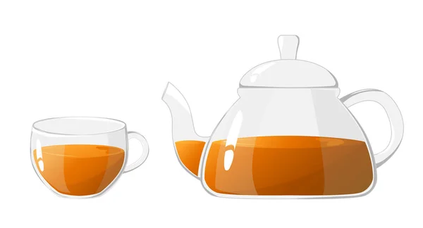 グラスティーポットと紅茶カップ 透明なガラスティーポットとカップ ガラスティーケトルは沸騰した水 自宅での茶道用食器 健康的な飲み物のコンセプト — ストックベクタ