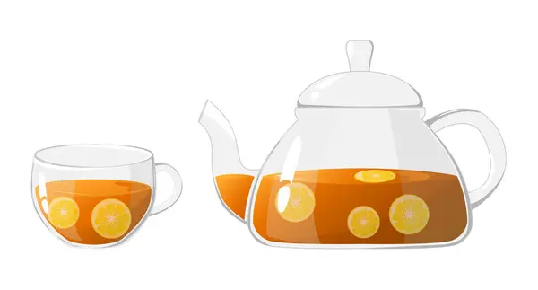 グラスティーポット 紅茶とレモンでカップ 透明なガラスティーポットとカップ ガラスティーケトルは沸騰した水 自宅での茶道用食器 健康的な飲み物のコンセプト — ストックベクタ