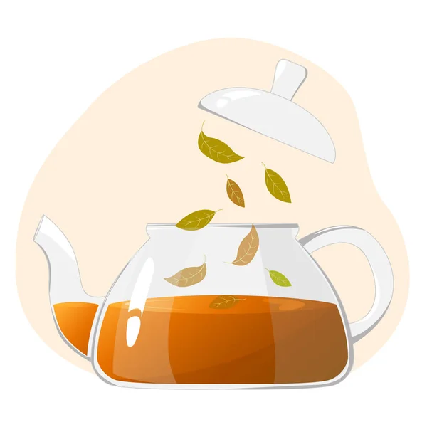 Çay Ile Cam Çaydanlık Çay Yapraklarıyla Şeffaf Cam Çaydanlık Sağlıklı — Stok Vektör