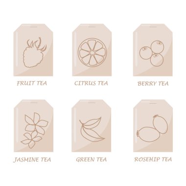 Farklı aromalı çay poşetleri. Etiket koleksiyonu. Düz tasarım..