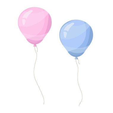 Pembe ve mavi uçan balon, kurdele, doğum günü kutlaması, sürpriz. Helyum balonu hediyesi. Çizgi film stili. Vektör illüstrasyonu.