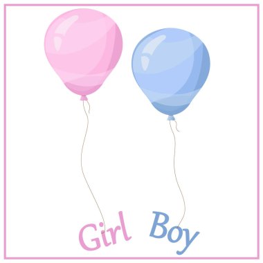 Pembe ve mavi uçan balon, kurdele, doğum günü kutlaması, sürpriz. Bebek partisi. Bir kız. Erkek tebrik kartı. Helyum balonu hediyesi. Çizgi film stili. Vektör illüstrasyonu.
