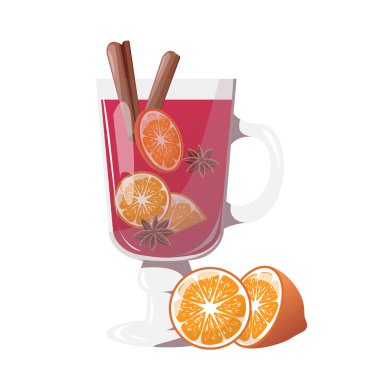 Kırmızı şarap, cam bardakta portakal dilimleri, tarçın ve yıldız anason. Kış alkollü içki. Etiket ve poster için el çizimi tasarım ögesi.