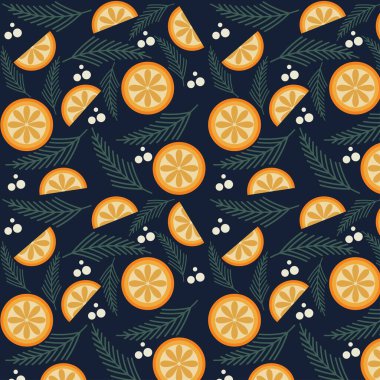 Köknar dalları ve portakal dilimleriyle koyu mavi tatil deseni. Posterler, el ilanları, cepler, bulaşıklar, kıyafetler, çıkartmalar ve dekorasyon defterleri veya ambalajları için harika bir model. Vektör illüstrasyonu.