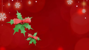 3D Noel afişi kırmızı zemin üzerinde ökseotu yaprağı bitkileri ve kar taneleriyle fotokopi alanında