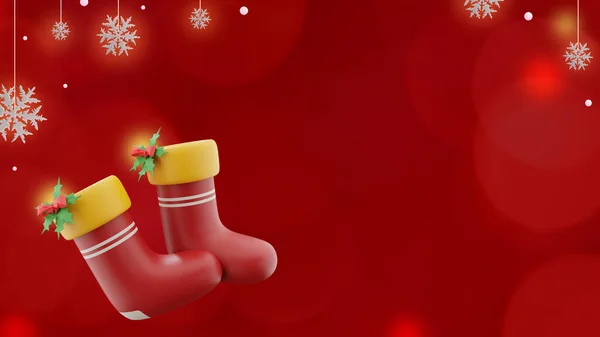 3Dイラストコピースペースで靴下や雪の結晶をストッキングで赤い背景にクリスマスバナー — ストック写真