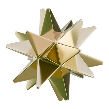 Altın metalik origami yıldız heykeli, çeşitli panelleri var. Lüks markalaşma ve beyaz arka planda tatil promosyonlarına uygun..