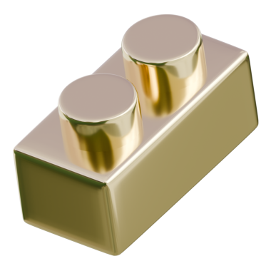 Üç boyutlu altın tuğla ve iki çivi; markalaşma, ürün demoları ve teknoloji pazarlama için ideal.