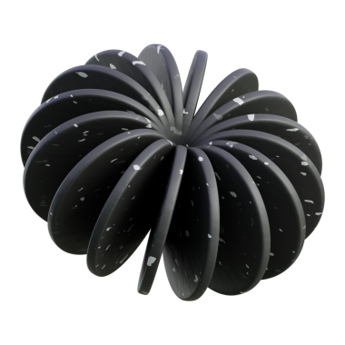 Eğri yapraklardan yapılmış pürüzsüz siyah 3D torus; teknoloji markalaşması, ürün görselleri, soyut logolar ve modern web tasarımı için ideal.