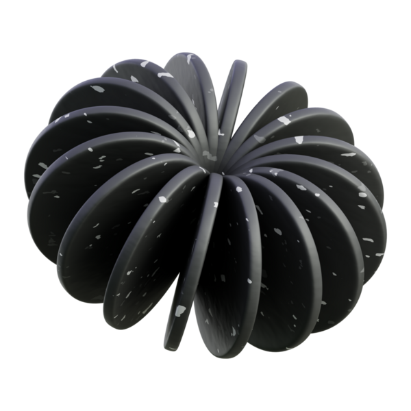 Eğri yapraklardan yapılmış pürüzsüz siyah 3D torus; teknoloji markalaşması, ürün görselleri, soyut logolar ve modern web tasarımı için ideal.