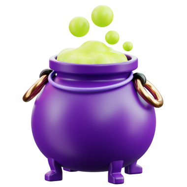 Yeşil köpüren iksirli mor bir kazanın 3 boyutlu çizimi, fantezi, sihir ve promosyon tasarımları için ideal..