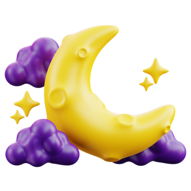 Mor bulutları ve yıldızları olan kaprisli ay, fantezi, çocuk içeriği ve görsel pazarlama için ideal..