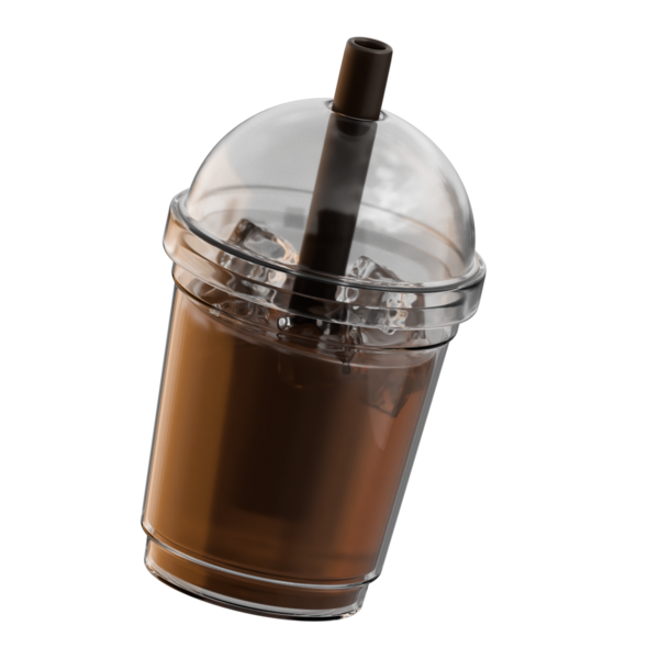 Buzlu kahveyle doldurulmuş, kubbe kapaklı ve siyah pipetli berrak plastik bardak; kafe menüleri, tanıtımlar ve fotoğrafçılık için ideal.