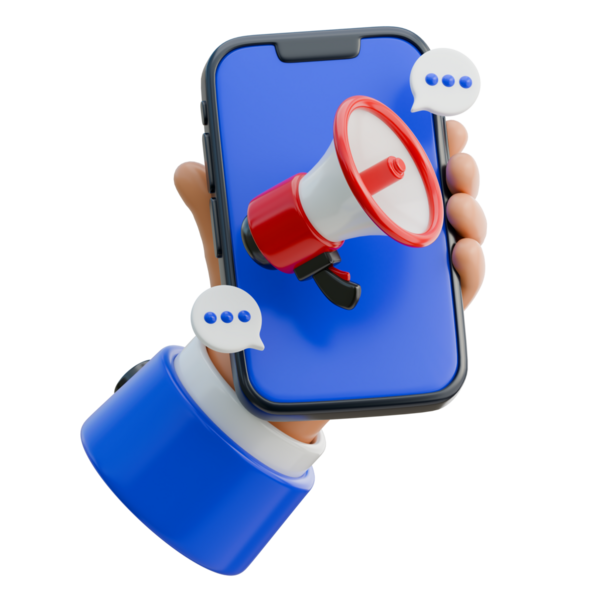 3D resimli el megafonla akıllı telefonu tutarken, pazarlama, promosyon ve kampanyalar ve dijital reklamlar için gerçek zamanlı mesajlaşma sinyalleri verirken..