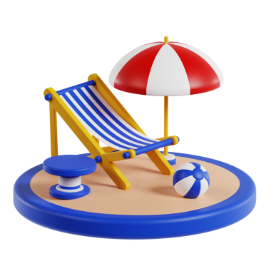 Relaxing beach setup with a lounge chair, umbrella, and sand, ideal for travel, vacation, or leisure promotions.